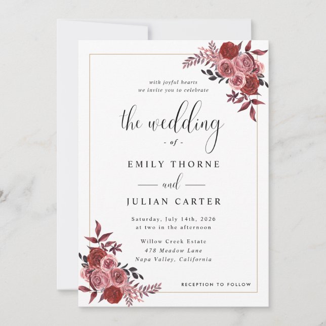 Invitación Elegante Boda Floral Rosa Borgona (Anverso)