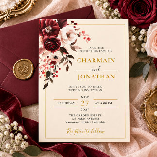 Invitación Elegante Boda Floral Rosa Borgoña Dorado