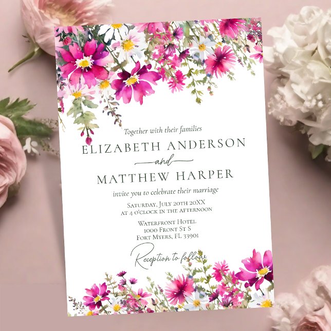 Invitación Elegante Boda floral rosa brillante de flores silv (Subido por el creador)