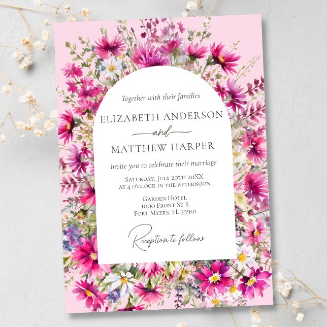 Invitación Elegante Boda floral rosa brillante de flores silv (Subido por el creador)