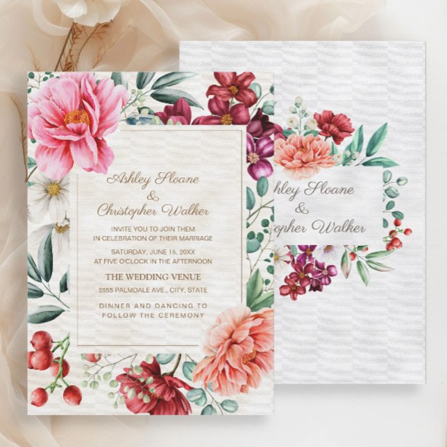 Invitación Elegante Boda Floral Rosa Burdeos Coral (Elegant pink, burgundy, and coral watercolor floral wedding invitation)