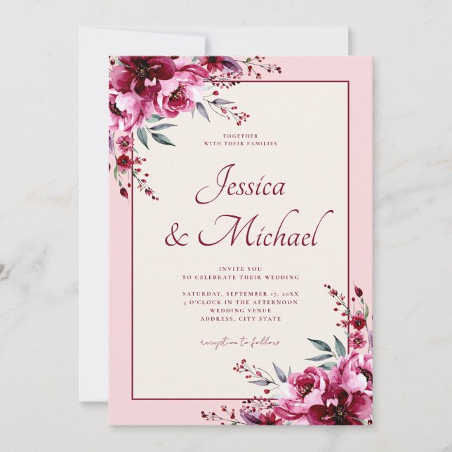 Invitación Elegante Boda floral rosa de Borgoña Rubor (Anverso)