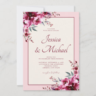 Invitación Elegante Boda floral rosa de Borgoña Rubor