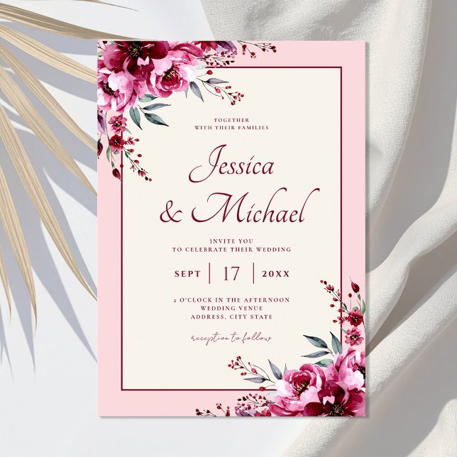 Invitación Elegante Boda floral rosa de Borgoña Rubor (Subido por el creador)