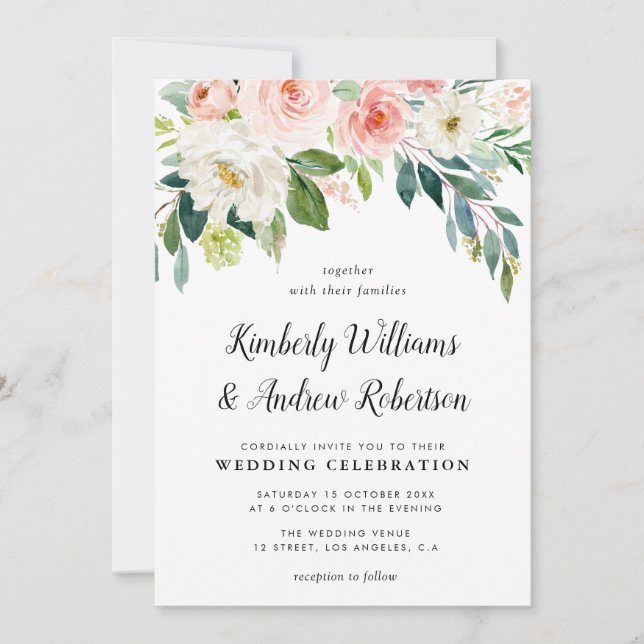 Invitación Elegante boda floral rosa de color rosa (Anverso)