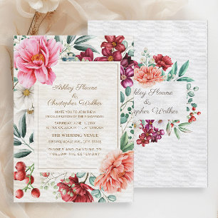 Invitación Elegante Boda floral rosa de coral borgoña