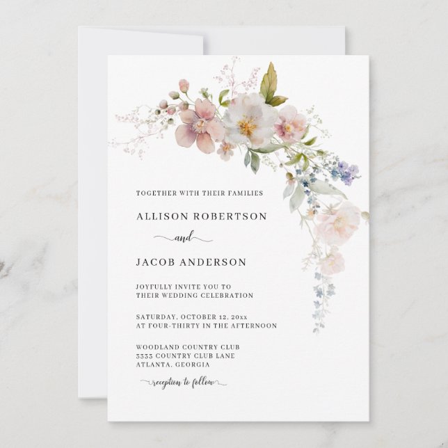 Invitación Elegante Boda floral rosa de flor silvestre Rubor (Anverso)