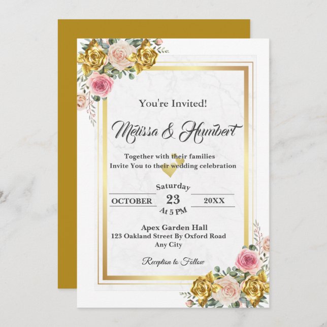 Invitación Elegante Boda floral rosa, dorado Rosa Eucalipto (Anverso / Reverso)