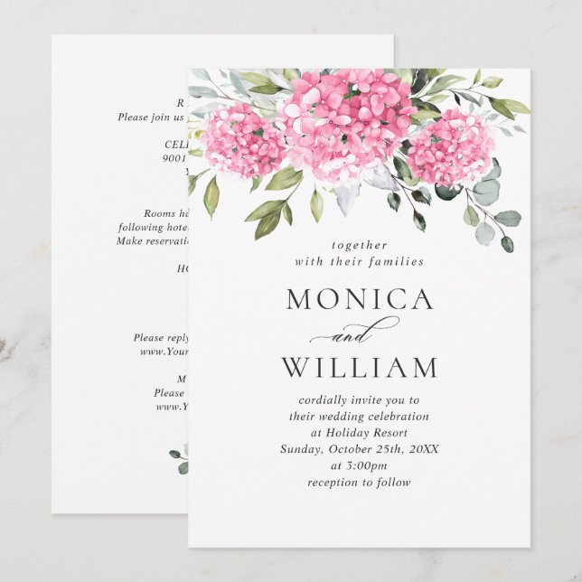Invitación Elegante Boda floral rosa Hydrangea Floral todo en (Anverso / Reverso)