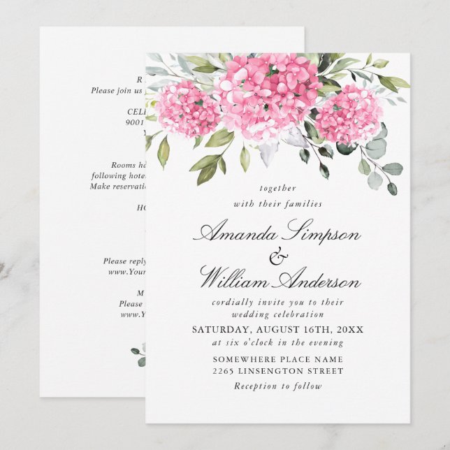 Invitación Elegante Boda floral rosa Hydrangea Floral todo en (Anverso / Reverso)