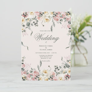 Invitación Elegante Boda Floral Rosa Marfil