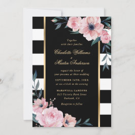 Invitación Elegante Boda floral rosa rayado blanco negro