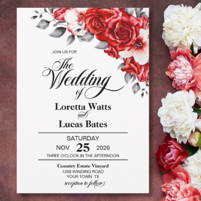 Invitación Elegante Boda Floral Rosa Rojo (Subido por el creador)