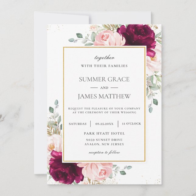 Invitación Elegante Boda floral rosa rosa de frambuesa Rubor (Anverso)