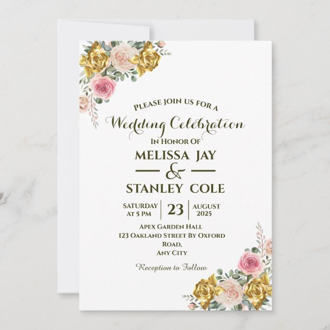Invitación Elegante Boda floral rosa, Rosa de oro Eucalipto (Anverso)