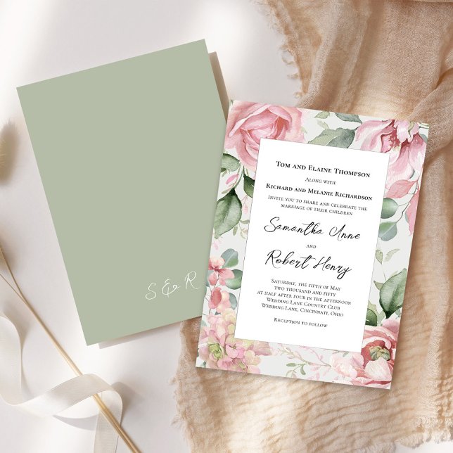 Invitación Elegante Boda floral rosa Rubor (Elegant blush pink floral with save green background wedding invitations. )