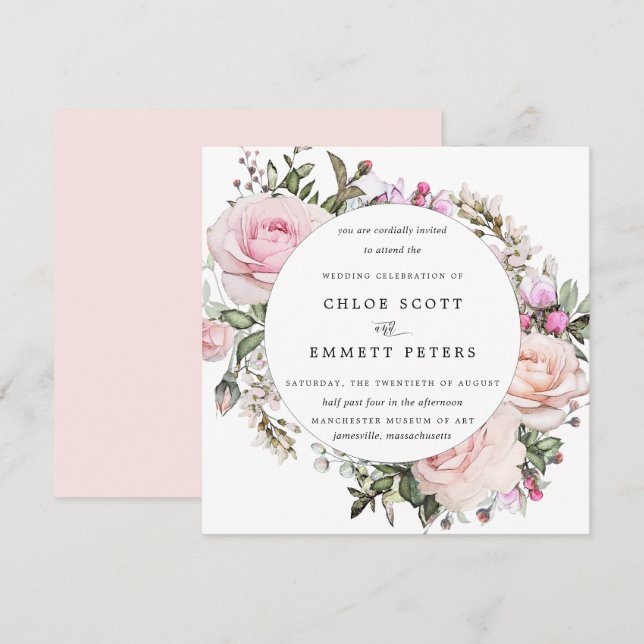 Invitación Elegante Boda floral rosa Rubor (Anverso / Reverso)