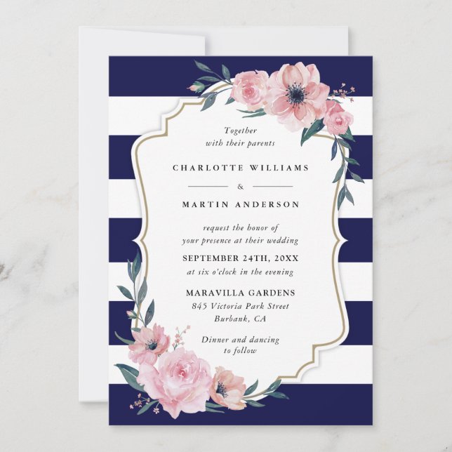 Invitación Elegante Boda floral rosa Rubor azul de la marina (Anverso)