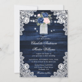 Invitación Elegante Boda floral rosa Rubor azul de la marina