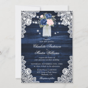 Invitación Elegante Boda floral rosa Rubor azul de la marina