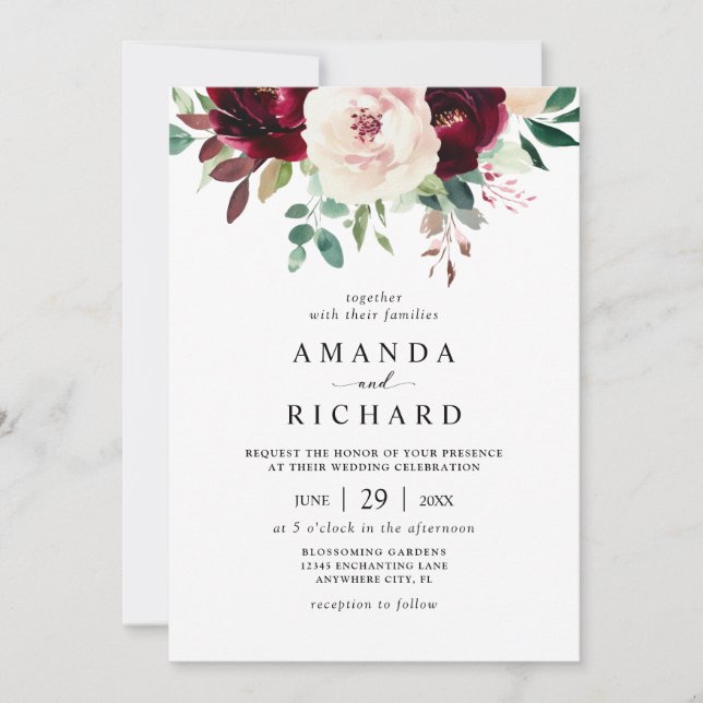 Invitación Elegante Boda floral rosa Rubor de Borgoña (Anverso)