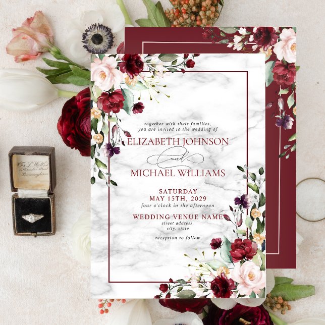 Invitación Elegante Boda floral rosa Rubor de Borgoña (Subido por el creador)