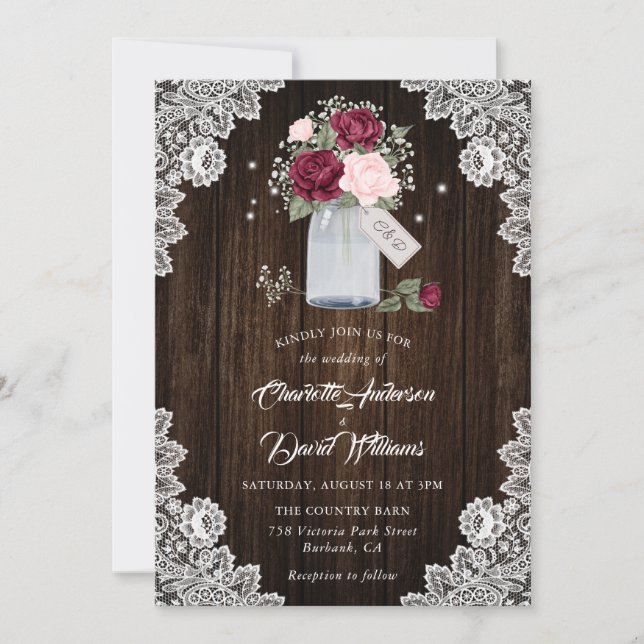 Invitación Elegante Boda floral rosa Rubor de Borgoña (Anverso)