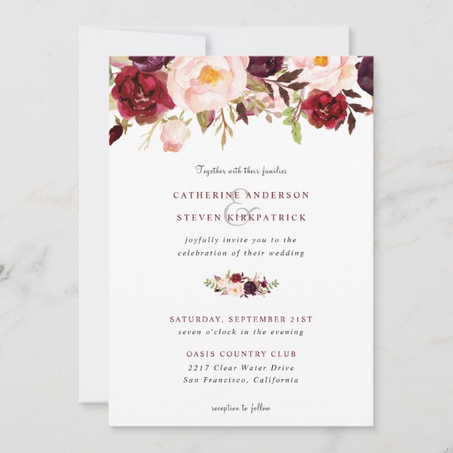 Invitación Elegante Boda floral rosa Rubor de Borgoña (Anverso)