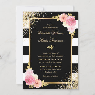 Invitación Elegante Boda floral rosa Rubor de oro blanco negr