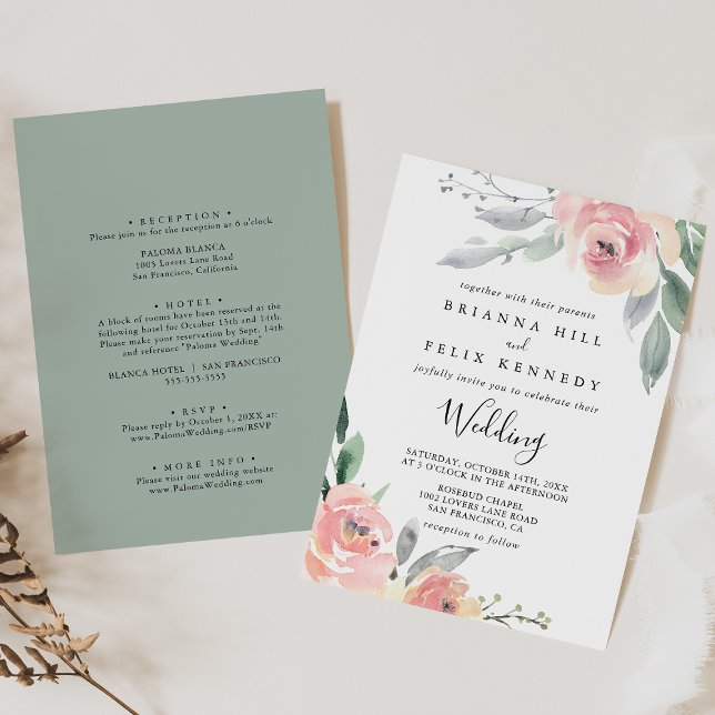 Invitación Elegante Boda floral rosa Rubor Floral Front & Bac (Subido por el creador)