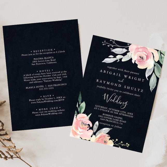 Invitación Elegante Boda floral rosa Rubor Floral Front & Bac (Subido por el creador)