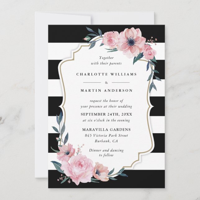 Invitación Elegante Boda floral rosa Rubor negro (Anverso)
