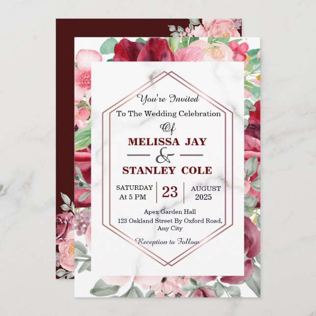 Invitación Elegante Boda floral rosa Rubor rojo borgoña (Anverso / Reverso)