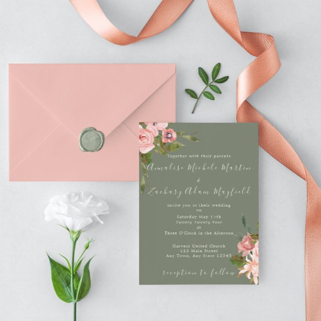 Invitación Elegante Boda floral rosa Sage Green Rubor (Subido por el creador)