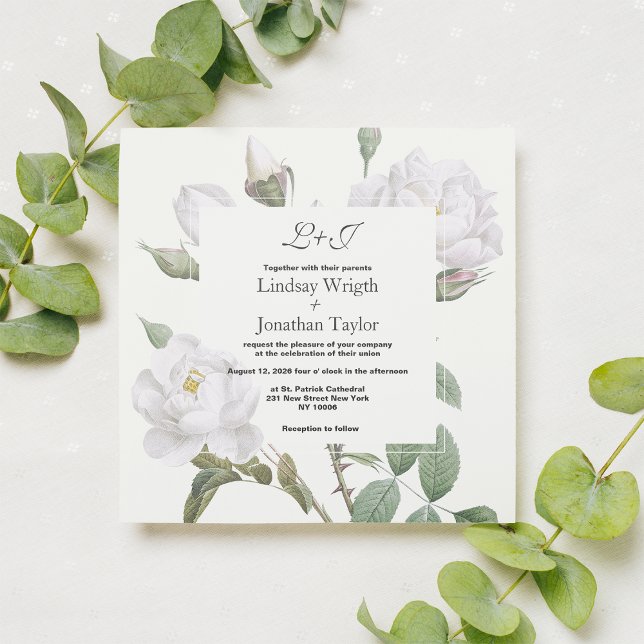Invitación Elegante Boda floral rosa verde blanco boho (Elegant boho white green rose floral Wedding )