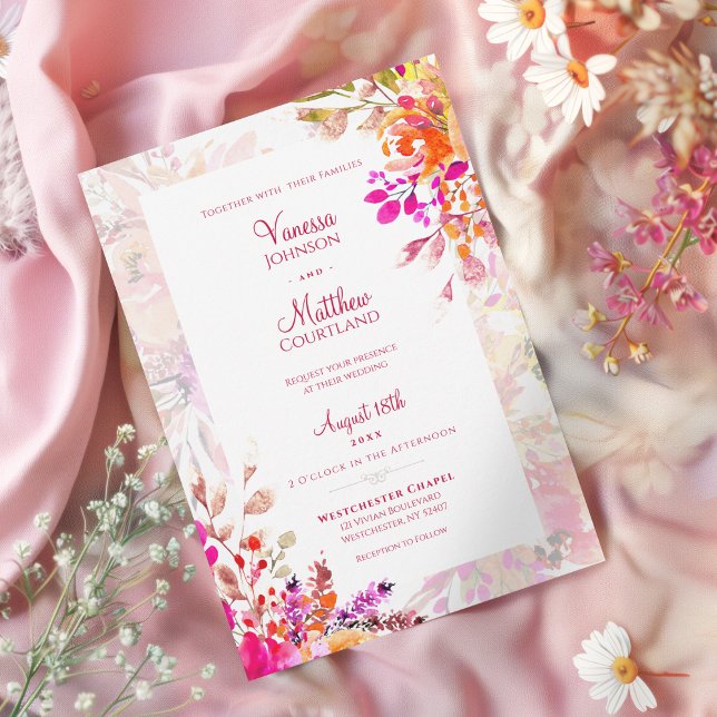 Invitación Elegante Boda Floral Rosa y Acuarela Naranja (Pink and Orange Watercolor Floral Blooms Wedding Invitation)