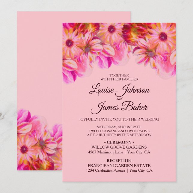 Invitación Elegante Boda floral rosa y amarillo (Anverso / Reverso)
