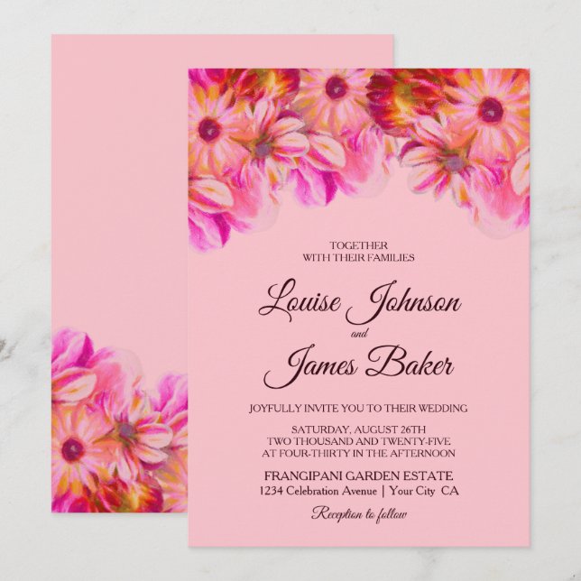 Invitación Elegante Boda floral rosa y amarillo (Anverso / Reverso)