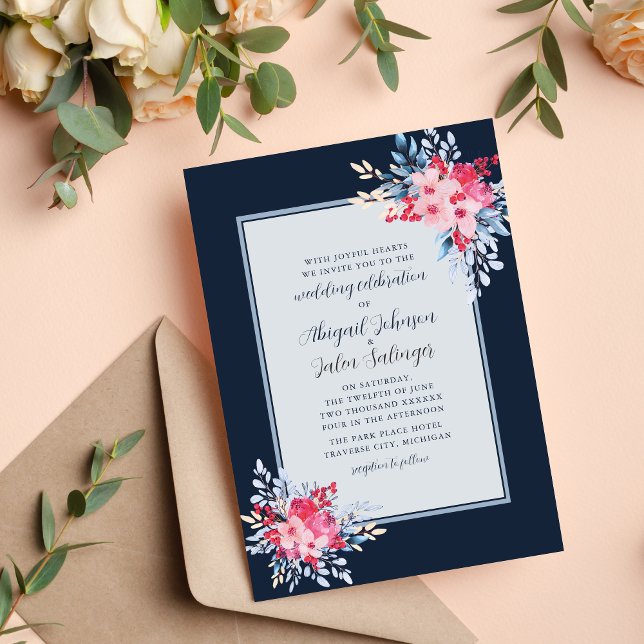 Invitación Elegante Boda Floral Rosa y Azul Dusto (Subido por el creador)