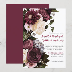 Invitación Elegante Boda floral rosa y borgoñona de Rubor