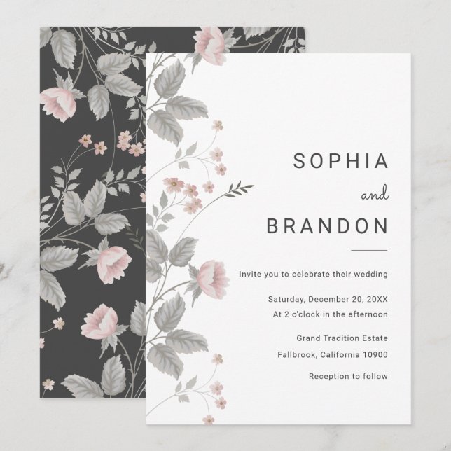 Invitación Elegante Boda floral rosa y gris oscuro de Rubor (Anverso / Reverso)
