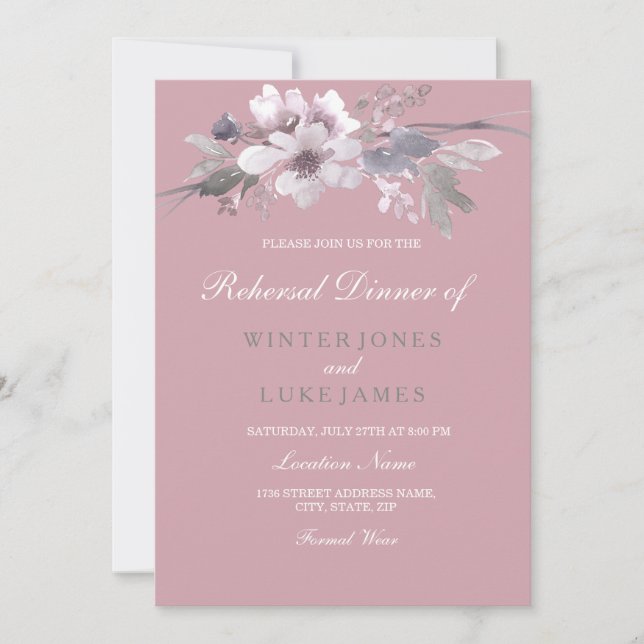 Invitación Elegante Boda floral rosado y polvoriento Cena (Anverso)