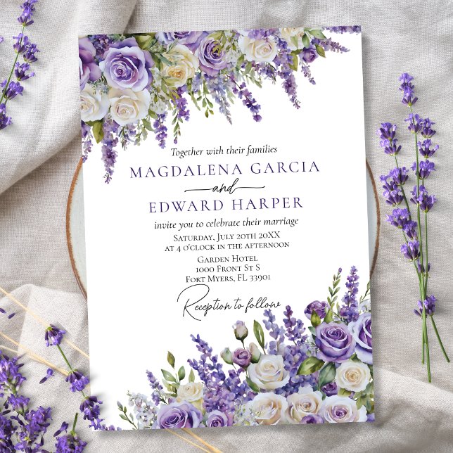 Invitación Elegante Boda Floral Rosas de Lavanda Púrpura Clar (Subido por el creador)