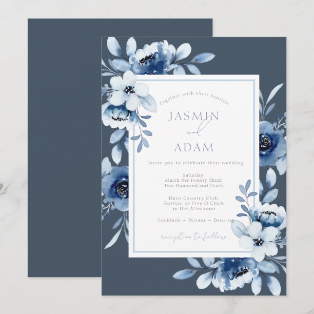 Invitación Elegante Boda floral Royal Blue Opulence (Anverso / Reverso)