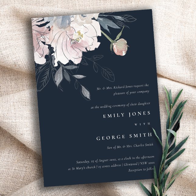 Invitación Elegante Boda floral Rubor acuarela de la Marina (Subido por el creador)