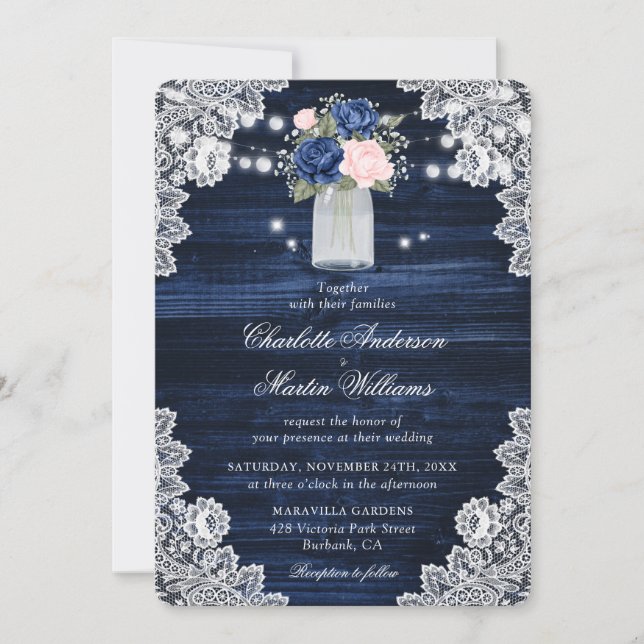 Invitación Elegante Boda floral Rubor azul de la Marina (Anverso)