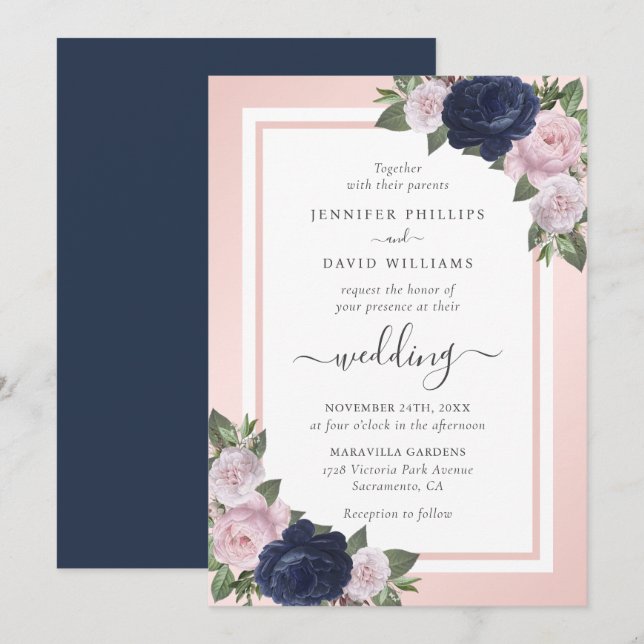 Invitación Elegante Boda floral Rubor azul de la marina (Anverso / Reverso)