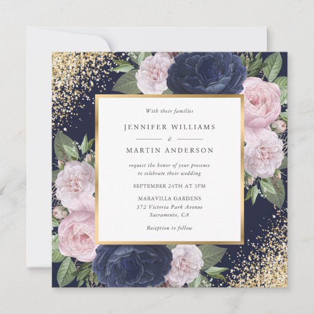 Invitación Elegante Boda floral Rubor Blue de la Marina (Anverso)