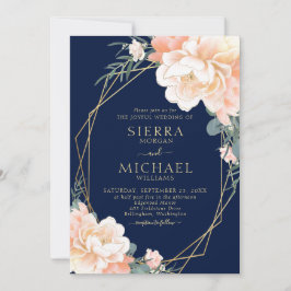 Invitación Elegante Boda floral Rubor Blue Gold Peach