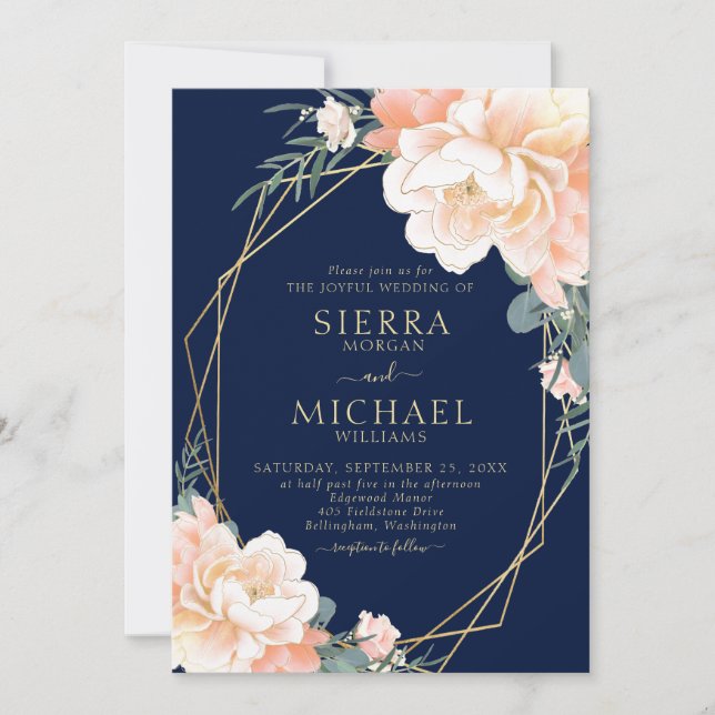 Invitación Elegante Boda floral Rubor Blue Gold Peach (Anverso)